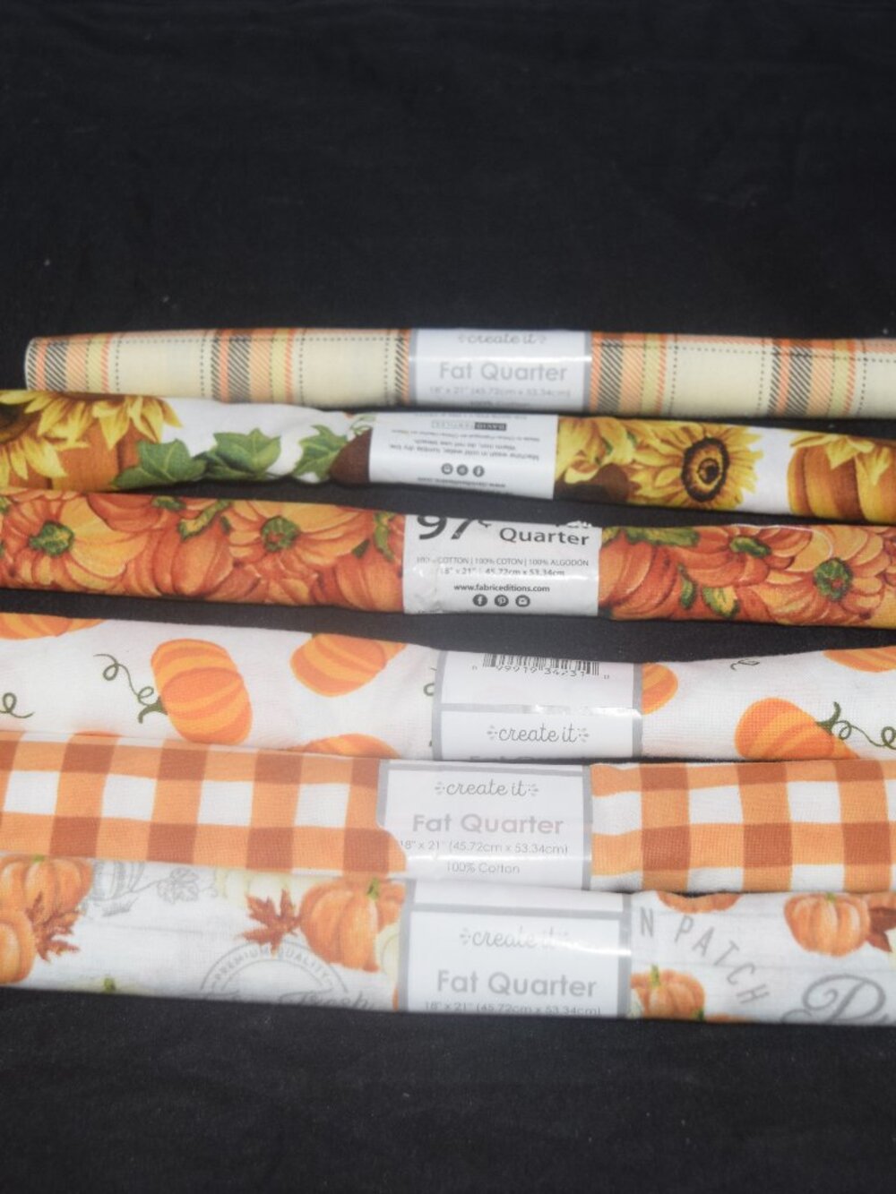 Lot of 6 Fall Fabric Fat Quarters Autumn Pumpkins Sunflower Buffalo Plaid Cotton
